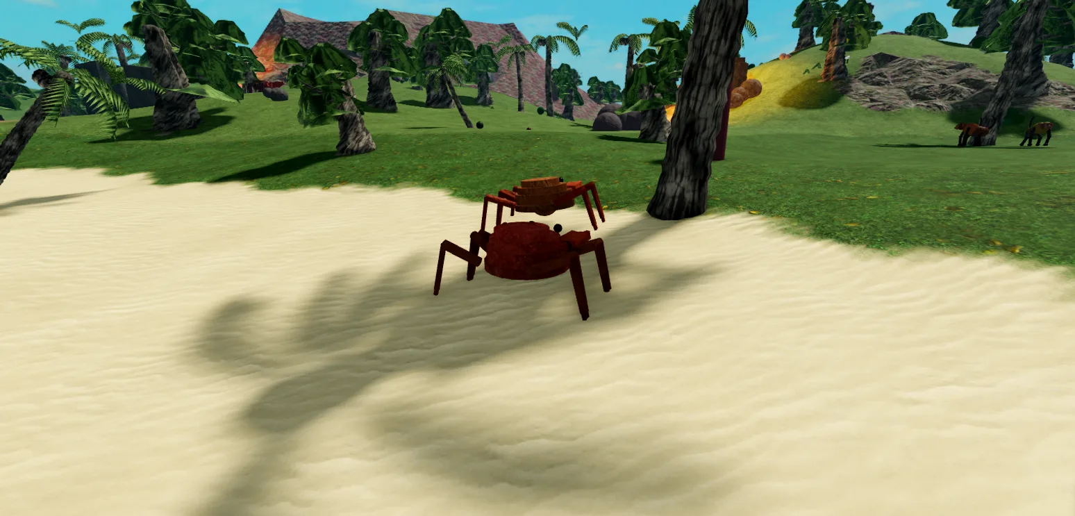 A real screenshot from the game: a crab creature in daylight on the beach.