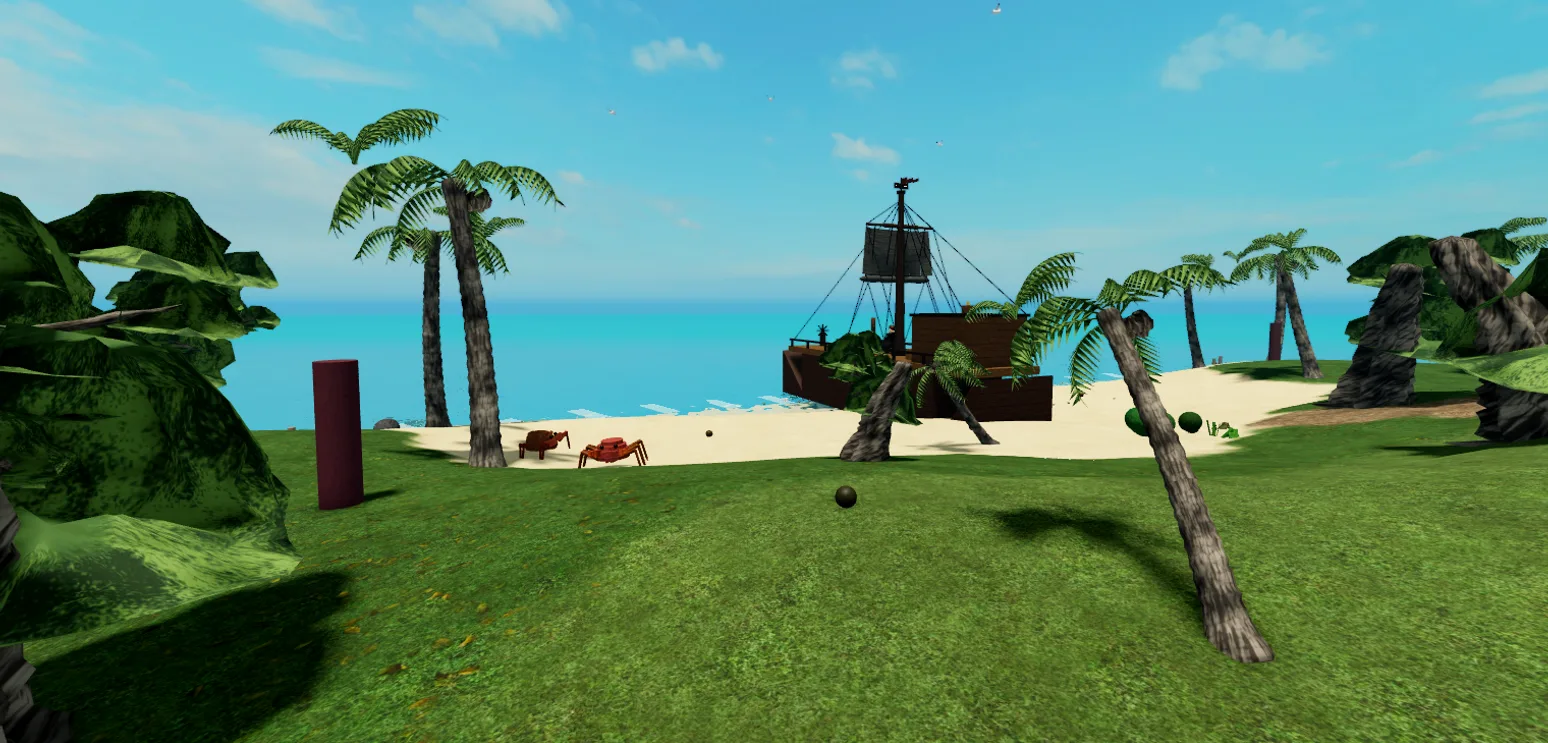 A real screenshot from the game: the beached ship framed by palm trees at the shoreline.